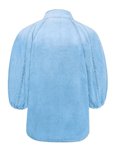 Womens Denim Shirt Button Down Mock Neck Jean Blouse Puff Sleeve Bow Tie Casual Blouses Tops3