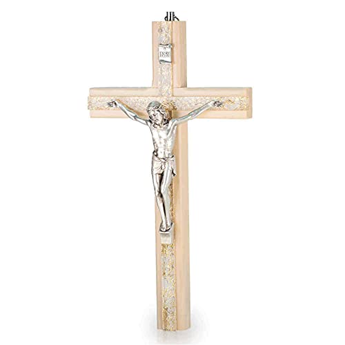 Wandkreuz Kruzifix Holzkreuz modern Holz hell Kreuz Plexiglas mit goldfarbenem Engelshaar Metallkorpus 20 cm Cover