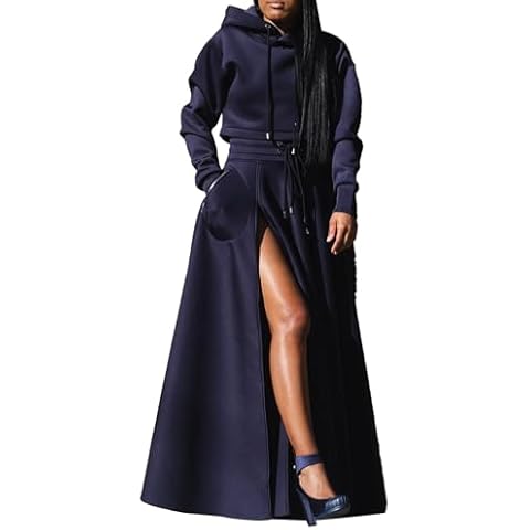 Women's 2 Piece Outfits Long Sleeves Hoodie and High Waist Slit Skirt Maxi Skirt Tracksuit Cover