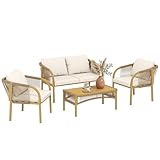 Outsunny Salon de Jardin Extérieur en Résine Tressée 4 Pièces, Canapé 2 Places, 2 Fauteuils, Table Basse et Coussins Déhoussables, Plateau à Effet Bois en Acier, Kaki