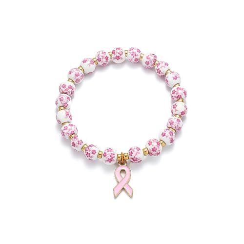 Charm Bracelets for Women Breast Cancer Awareness Accessories Heart Beaded Bracelet Flower Ceramic Jewelry Love Gifts