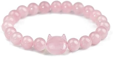 OwMell Natural Rose Quartz Bracelet, Cat Beaded Bracelets for Women Girls, Stretch Bracelet 8mm Protection Bracelet Rose Quartz Gemstone for Attract Romantic Love