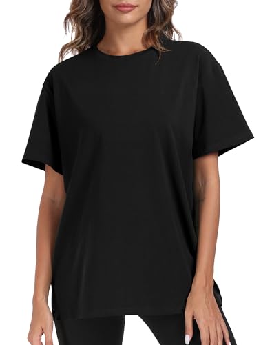 PRIMODA Womens Oversized Short Sleeve T Shirts Trendy Crew Neck Loose Workout Tee Casual Summer Tops Cotton