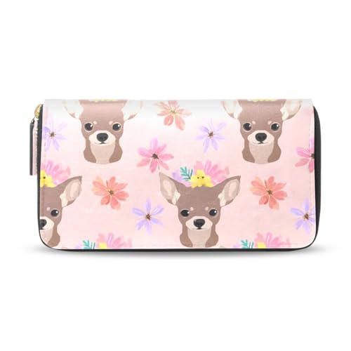 Long Wallets Leather Bifold Wallet for Women Chihuahua Dog Pink with Zipper Credit Card Holder Large Capacity