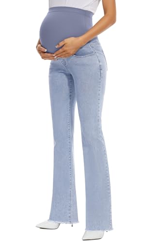 Image of GLAMIX Women's Stretch Maternity Bootcut Jeans with Pockets Over The Belly Bell Bottoms Flare Denim Pants Pregnancy Clothes
