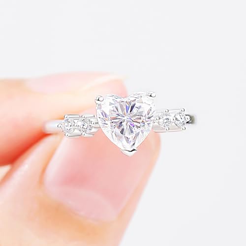 Moissanite Rings, Heart Engagement Rings White Gold Plated Promise Ring Sterling Silver Band for Women Size 5-102