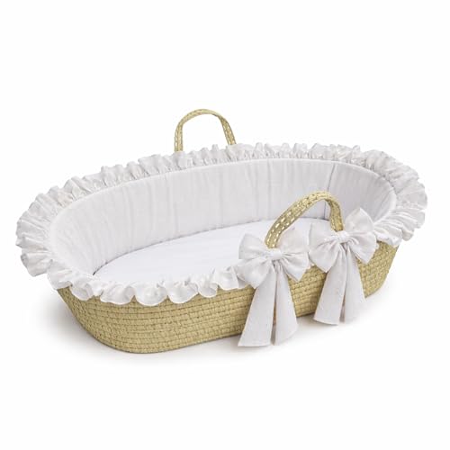 Ababy Moses Basket with Mattress Fabric Liner & Polycotton Fitted Sheet Portable Wicker Bed for Newborns Breathable Nursery Sleep Space Lightweight Design - White Ruffle