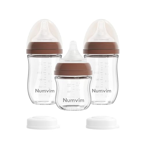 Image of Numvim Natural Glass Baby Bottles Gentle & Extra Slow Flow, Newborn Breastfeeding Bottle with Anti Colic Nipple for 0 Months Babies, 3 Packs (Brown (3 Ounce + 5 Ounce), 1 Count (Pack of 3))
