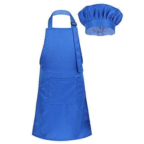 MSemis Tablier Enfant et Chapeau de Chef Tablier de Cuisine Boulangerie Toque de Chef Cuisinier Bonnet Tablier Peinture de Jardin 2-12 Ans Bleu 4-8 ans