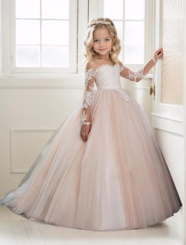 Flower Girl Dress with Sleeves Girls Tulle Pageant Gown Long First Communion Party Dress for Girls4