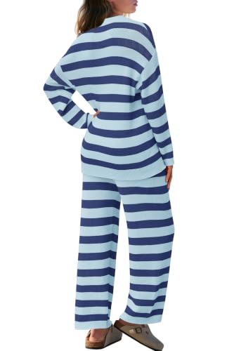 Image of SENSERISE Womens Striped Set Sweater Lounge Sets | Pajamas Set, Loungewear Set, Oversized Knit Sweater, Wide Leg Pants with Pockets, Fall Outfits, Pants Set