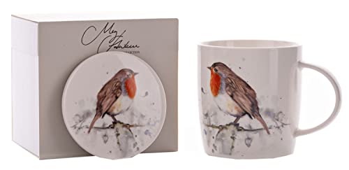 Widdop und Co Meg Hawkins MH150 Tasse und Untersetzer, Geschenkset, Rotkehlchen-Design, Porzellan, Rund, Standard, 290 ml, Tasse