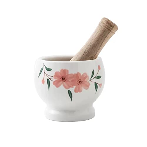 Mortero con maja de cerámica blanca Suribachi Surikogi floral para moler especias
