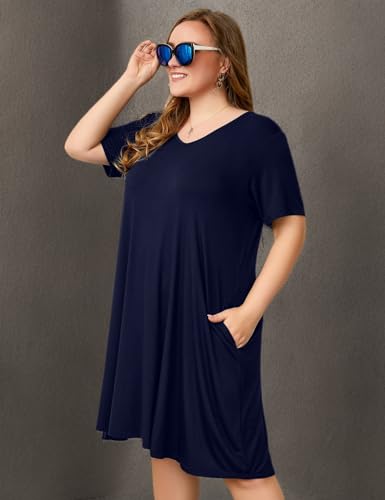 Image of OVERWORETY Womens Short Sleeve Plus Size T-Shirt Dress V Neck Casual Loose Swing A-Line Summer Tunic Dresses with Pockets