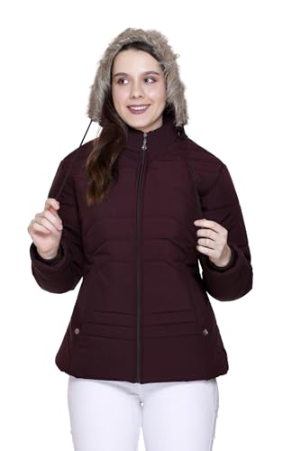 Image of Winter Puffer Jacket with Faux Fur Hood, Quilted, Full Zip, Burgundy
