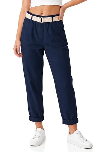 Kendindza Chino Damen Hose Stretch mit Gürtel Stoffhose Damen elegant lang weiches Material Loose Fit Blau L