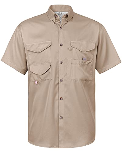 Alimens & Gentle Short Sleeve Fishing Shirt Wicking Fabric Sun Protection Casual Button Down Shirts Khaki