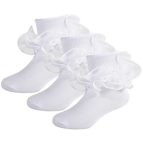 Girls Ruffle Socks Toddler Double Lace Sock Turn Cuff Frilly Dress Socks Pageant with Ruffles Little Baby Girl Kids
