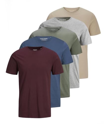 JACK & JONES Camiseta Hombre Color Sólido Cuello Redondo Camiseta, Pack de 5 (Pack D), L