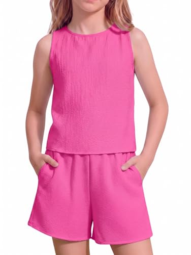 Image of Arshiner Girls Summer 2 Piece Outfit Sleeveless Top and Paperbag Waist Shorts with Pockets Kids Shorts Set Ages 5-13