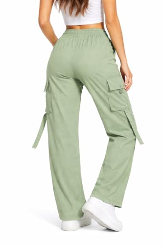 Image of Women's Cargo Pants, Wide Leg, Drawstring Elastic Waist, Multi-Pocket