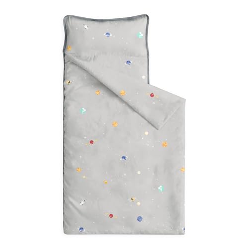 Image of Wake In Cloud - Toddler Nap Mat with Pillow and Blanket, 100% Cotton Fabric, for Kids Boys Ages 3 Plus in Daycare Kindergarten Preschool, Roll Up Sleeping Bag, Galaxy Spaces