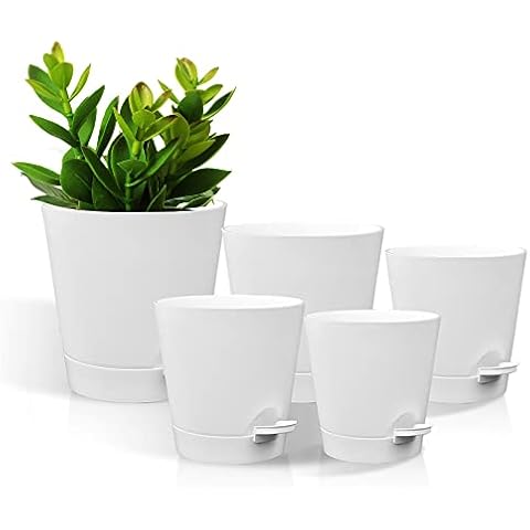 CLIUNT 5 Pack Plant Pots Indoor, 7/6.5/6/5.5/5 Inch Self Watering Plant Pots with Drainage Hole and Tray, Plastic Flower Pots Indoor Modern Decorative Planter Pot for All Flower Plant (White) Cover