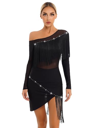 FEESHOW Damen Latein Tanzkleid Langarm Flapper Kleid Quasten Salsa Kleid Rumba Samba Latino Tanzkleidung Party Modern Jazz Dance Outfit Schwarz_A S