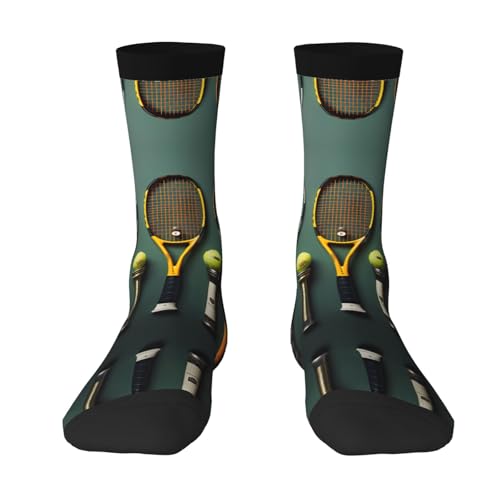 XZDWPY Tennis balls and rackets Unisex Mid-Calf Socks 3 Black Polyester Skin-Friendly Moisture-Wicking Fashionable Crew Socks