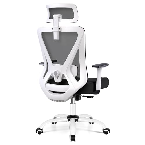 KERDOM Silla de Oficina,Silla Escritorio Ergonomica con Reposacabezas Ajustable y Soporte Lumbar, Reposabrazos, Malla Transpirable, Ruedas Giratorias 360°Blanco