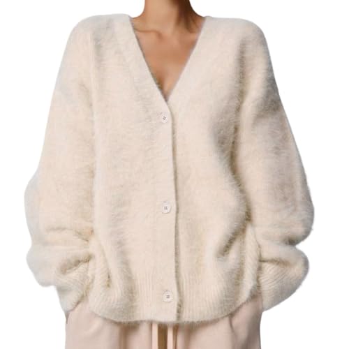 Image of chouyatou Women Furry Open Front Cardigan V-Neck Loose Casual Fluffy Knit Button Down Sweater Coat
