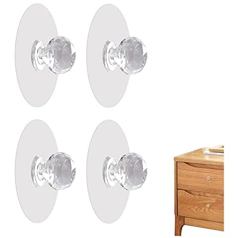WOLAIYE No Drilling Self-Adhesive Clear Cabinet Handles,Round Sliding Door Window Pull ,Transparent Diamond Crystal Drawer Knobs,Invisible Non-Marking Hooks Acrylic Self-Stick Push Pull Helper (4PCS) Cover