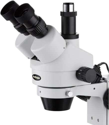 Image of AmScope SM-2TZ Professional Trinocular Stereo Zoom Microscope, WH10x Eyepieces, 3.5X-90X Magnification, 0.7X-4.5X Zoom Objective, Upper and Lower Halogen Lighting, Pillar Stand, 110V-120V, Includes 0.5X and 2.0X Barlow Lenses