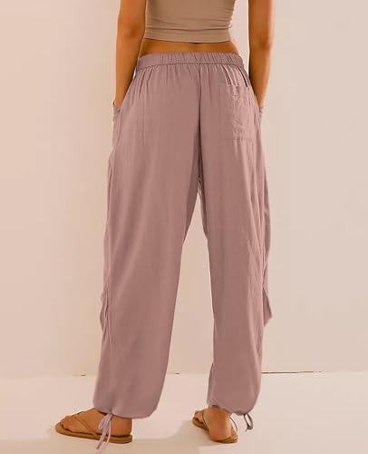 Image of Women's Linen Balloon Barrel Beach Pants Boho Harem Flowy Drawstring Casual Loose Pants with Pockets