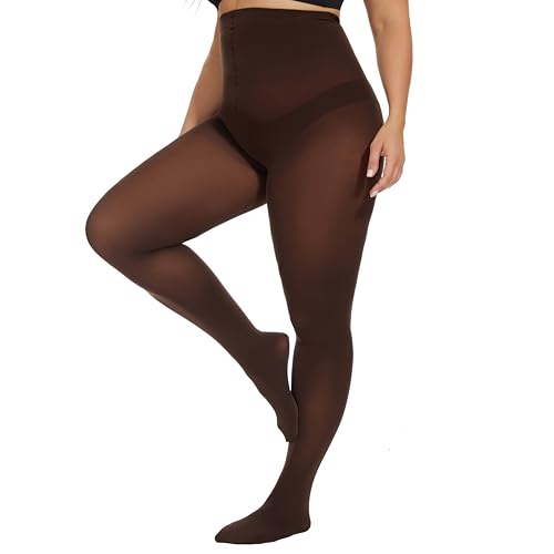 80D Plus Size Tights for Women, High Waist Semi Opaque Brown Stockings with XL-4XL2