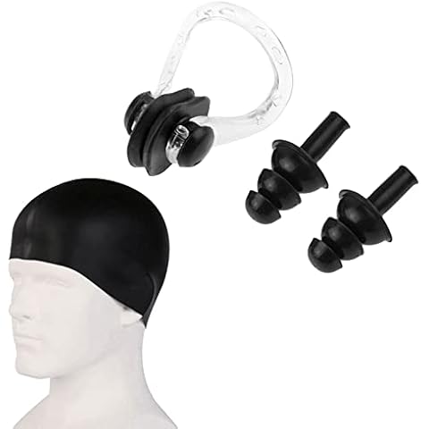 Swimming Caps, Nose Clips and Earplugs Set, Silicone Swimming Hats, Silicone Nose Clip Ear Protector Swimming Sets, Anti-Slip Waterproof Bathing Cap, Swim Hat with Nose Clip Ear Plugs for Adult Cover