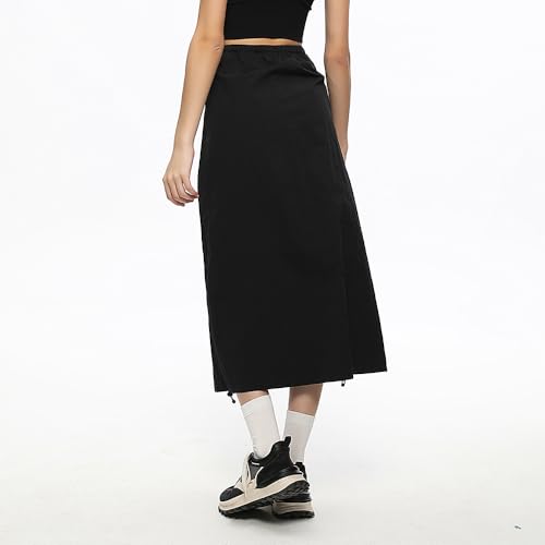 Women Cargo Skirt Casual Low Waist UPF 50+ Drawstring A-line Adjustable Long Skirt with Pockets SLD4M0102