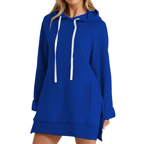 Sudadera con capucha de gran tamaño para mujer, con aberturas laterales, con bolsillo, informal, holgada, para otoño e invierno, azul, 4XL Sudadera con capucha de gran tamaño para mujer, con aberturas laterales, con bolsillo, informal, holgada, para otoño e invierno, azul, 4XL