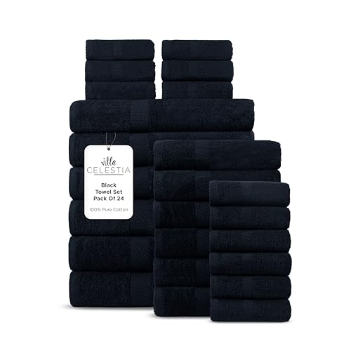 Image of 24-Piece 100% Cotton Towel Set, 6 Bath Towels, 6 Hand Towels, 12 Wash Cloth, Quick-Dry, Black