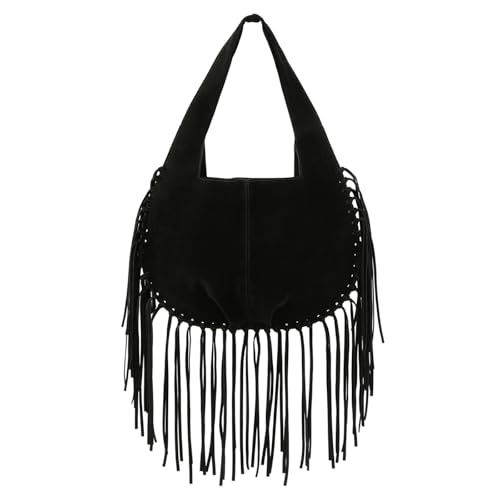 HDE Womens Faux Suede Leather Bag Fringe Tassel Shoulder Purse Western Handbag - Black