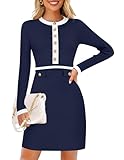 ZESICA Women's Fall Long Sleeve Bodycon Sweater Dress Crewneck Button Knit Color Block Party Mini Dresses,Navy,Small