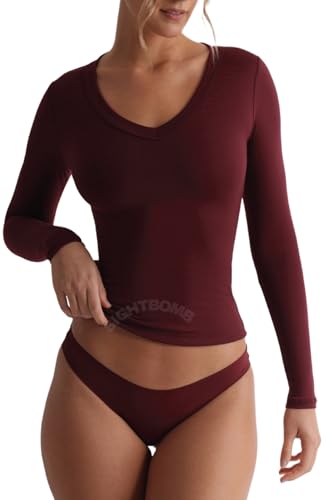 Image of SIGHTBOMB SKIMS V Neck Thick Rim Microfiber Ultra Soft Long Sleeve SOFTLINE Cuddle TEE for Women