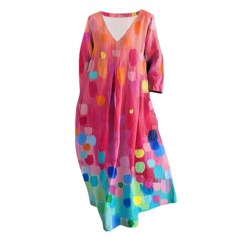 Cihdmfb Sommerkleid Damen Große Größen Sommer V-Ausschnitt 3/4 Ärmel Strandkleider Maxikleid Vintage Blumen Drucken Lange Blusenkleid Tunika...
