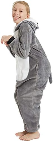 CALANTA Animal Dog Onesie Kids Unisex Onepiece Pajamas Halloween Cosplay Party Costume (Gray Puppy, 9-10 Years)