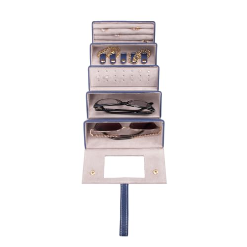Image of Brouk & Co Leah 5 Eyewear & Jewelry Case - Pebbled Vegan Leather, Foldable Case, Snap Closure, Hanging Loop, Interior Mirror, 5 Compartments: Sunglasses and Jewelry (Navy)