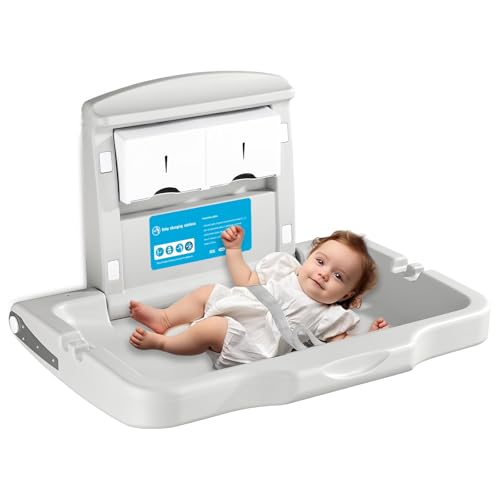 Image of Commercial Baby Changing Station Wall-Mount: Modunful Foldable Diaper Changing Table with Safety Straps for Home /Restaurants /Hotels /Schools /Airports