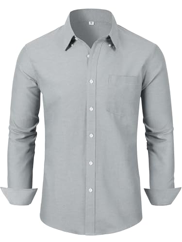GIANZEN Light Gray Dress Shirt Men Grey Long Sleeve Mens Shirts Men's Oxford Button Down Big and Tall Business Casual for Light Gray Size L