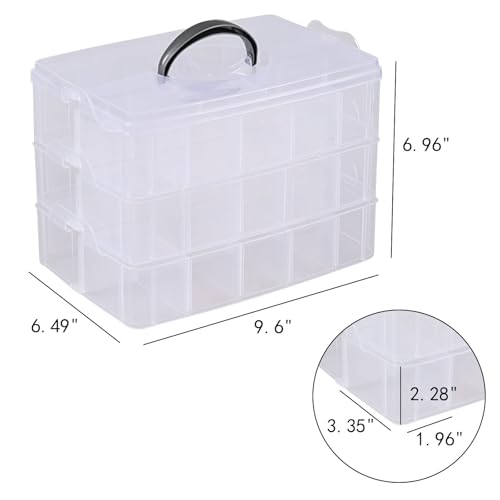 Image of Vababa Clear 3-Tier Stackable Storage Containers with Adjustable 30 Compartments, Jewelry Sewing Storage Box with Handle