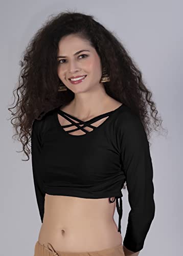 Image of THE BLAZZE B4080 Women's Cotton Scoop Double X Neck 3 /4 Sleeves Adjustable Drawstrings Crop Top Readymade Saree Blouse for Women