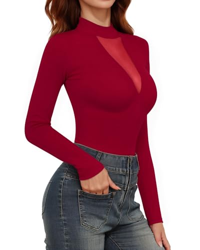 Image of Mangopop Women' Long Sleeve Ribbed Bodysuit Jumpsuits